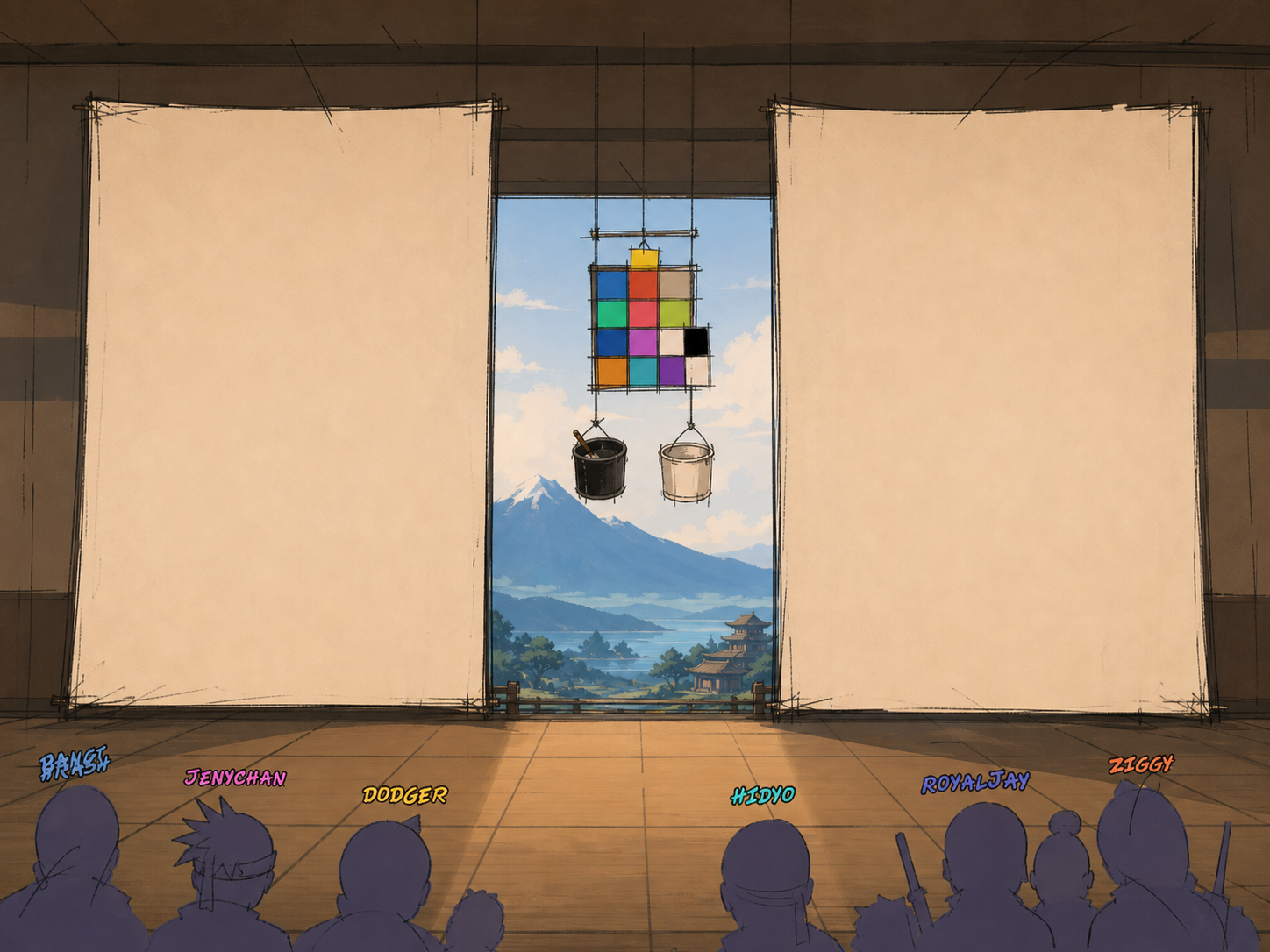 Local dojo drawing room with twin canvases and mountain view